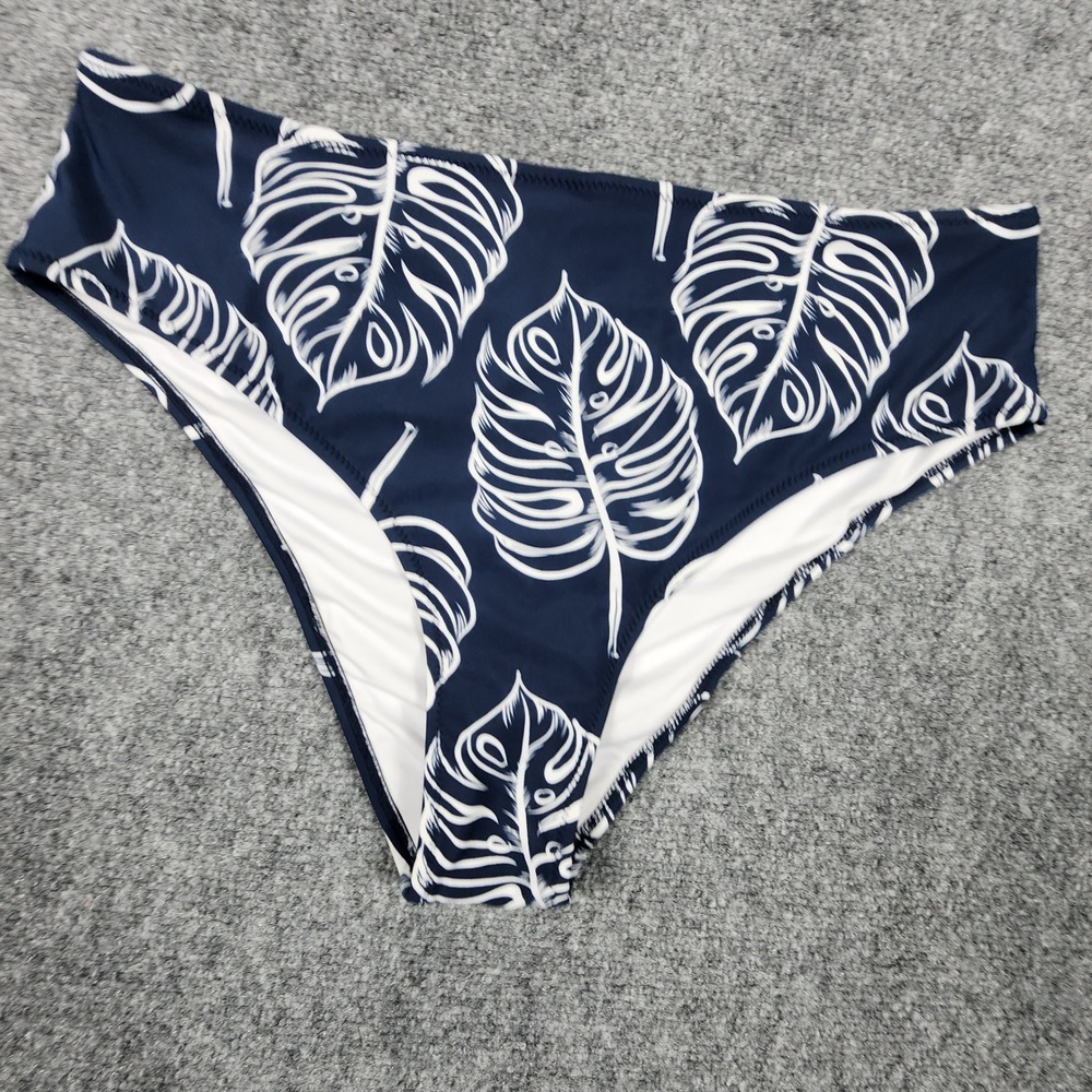 Cupshe Navy Blue White Monstera Leaf High Waisted Bikini Bottom Swimwear XL NWT